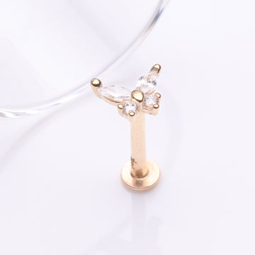 Detail View 1 of 14 Karat Gold OneFit Threadless Dainty Butterfly Sparkle Flat Back Stud Labret-Clear Gem